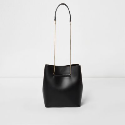 Black leather chain strap bucket bag